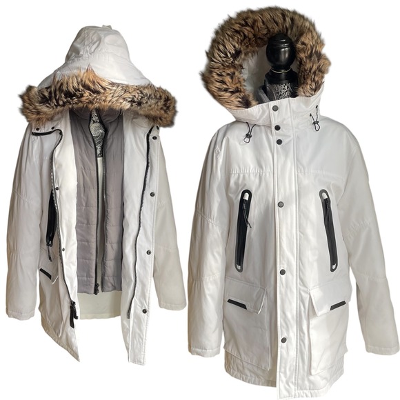 MICHAEL KORS Men's small Faux Fur Trim Woven Parka travel Jacket‎ Coat White - Picture 1 of 16